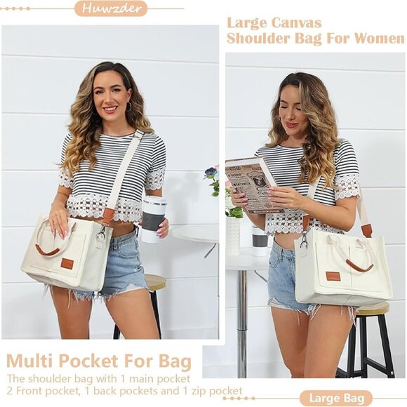 Women Canvas Tote Bag with Pockets Crossbody Hobo Shoulder Bag for Daily Use - Picture 2 of 6